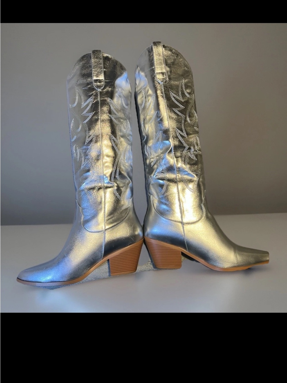 SHEIN Metallic Silver Western Knee-High Heeled Boots